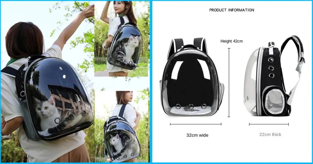 The pet carrier backpack's transparent front view, showcasing a happy cat looking outside