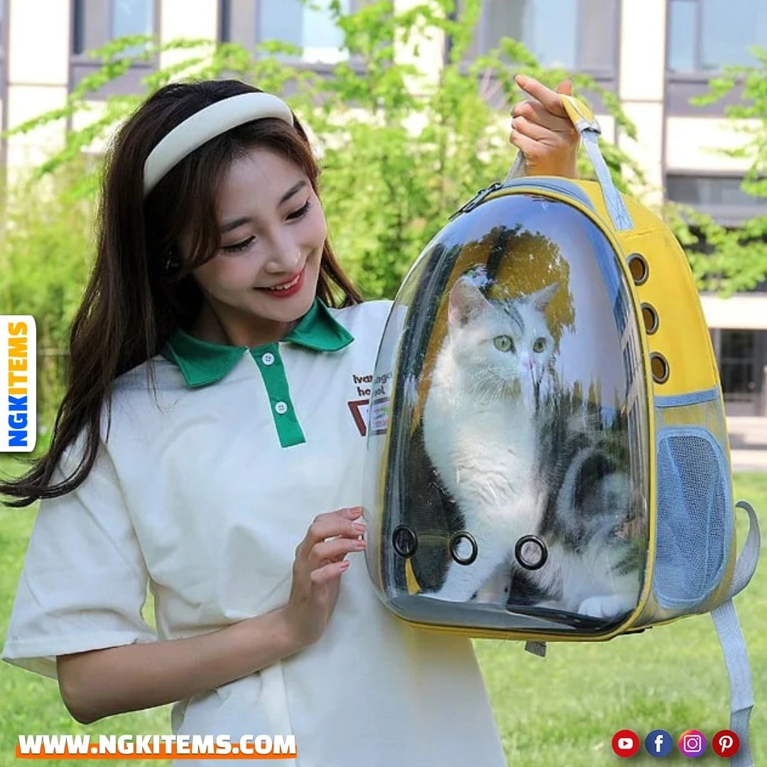 Stylish pet carrier backpack with a transparent PVC front, designed for cats and small dogs